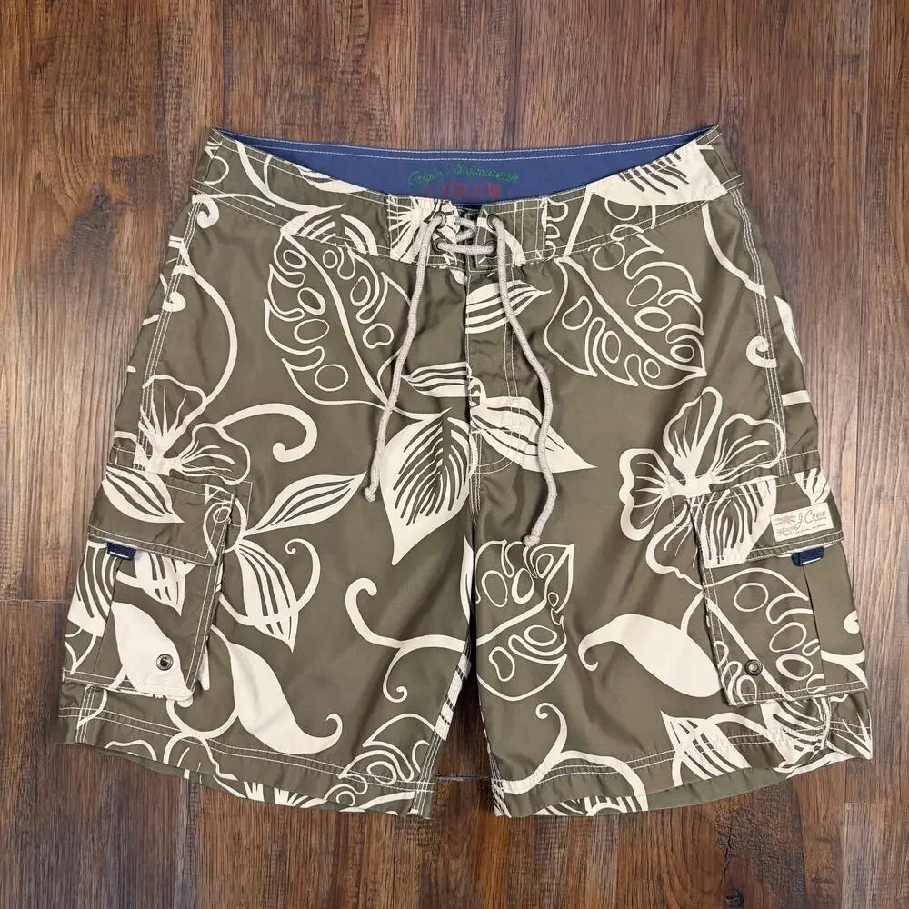 J. Crew Original Swimwear size 34 swim board shorts green cream tropical floral